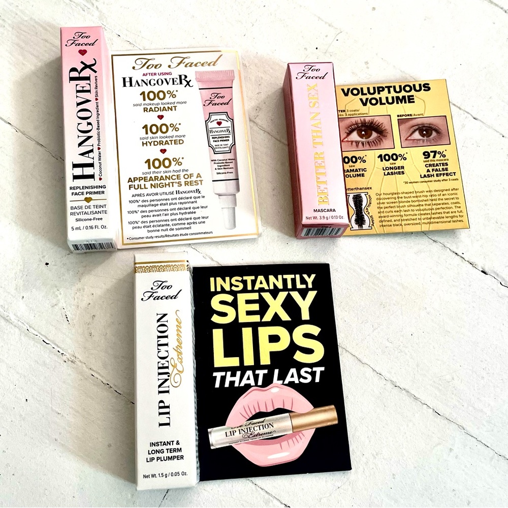 Too Faced samples in box Lip Injection, Hangover Primer, Better Than Sex Mascara